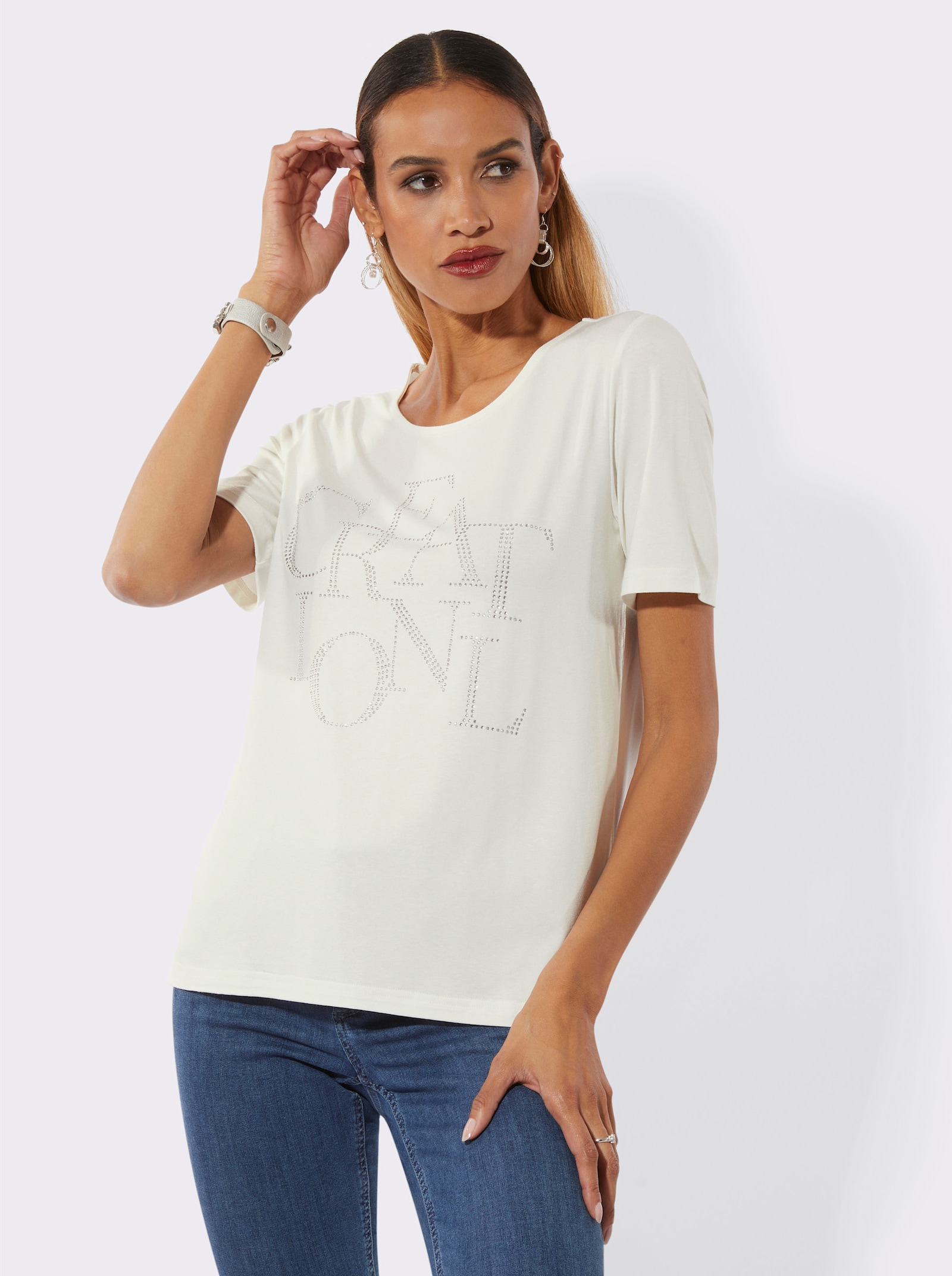 Kurzarmshirt mit Schriftzug aus Glitzersteinchen - ecru