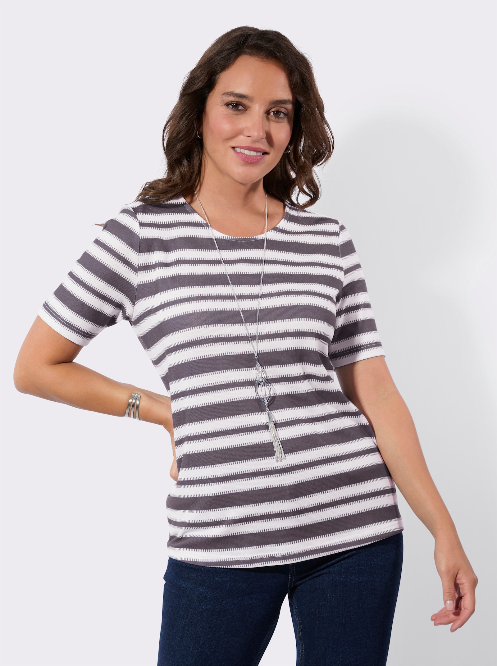 Kurzarmshirt in innen angerauter Qualität - anthrazit-weiß-geringelt