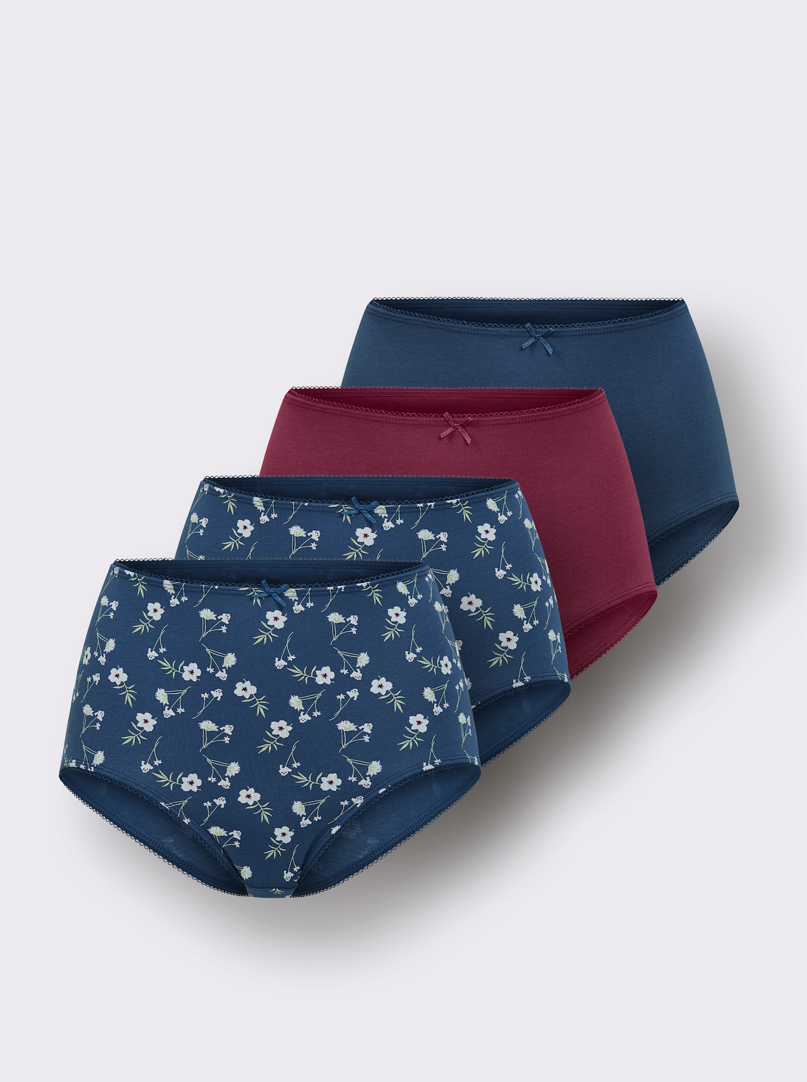 wäschepur Taillenslip mit Mäusezähnchen-Spitze - 2x rauchblau-bedruckt + 1x rauchblau + 1x bordeaux
