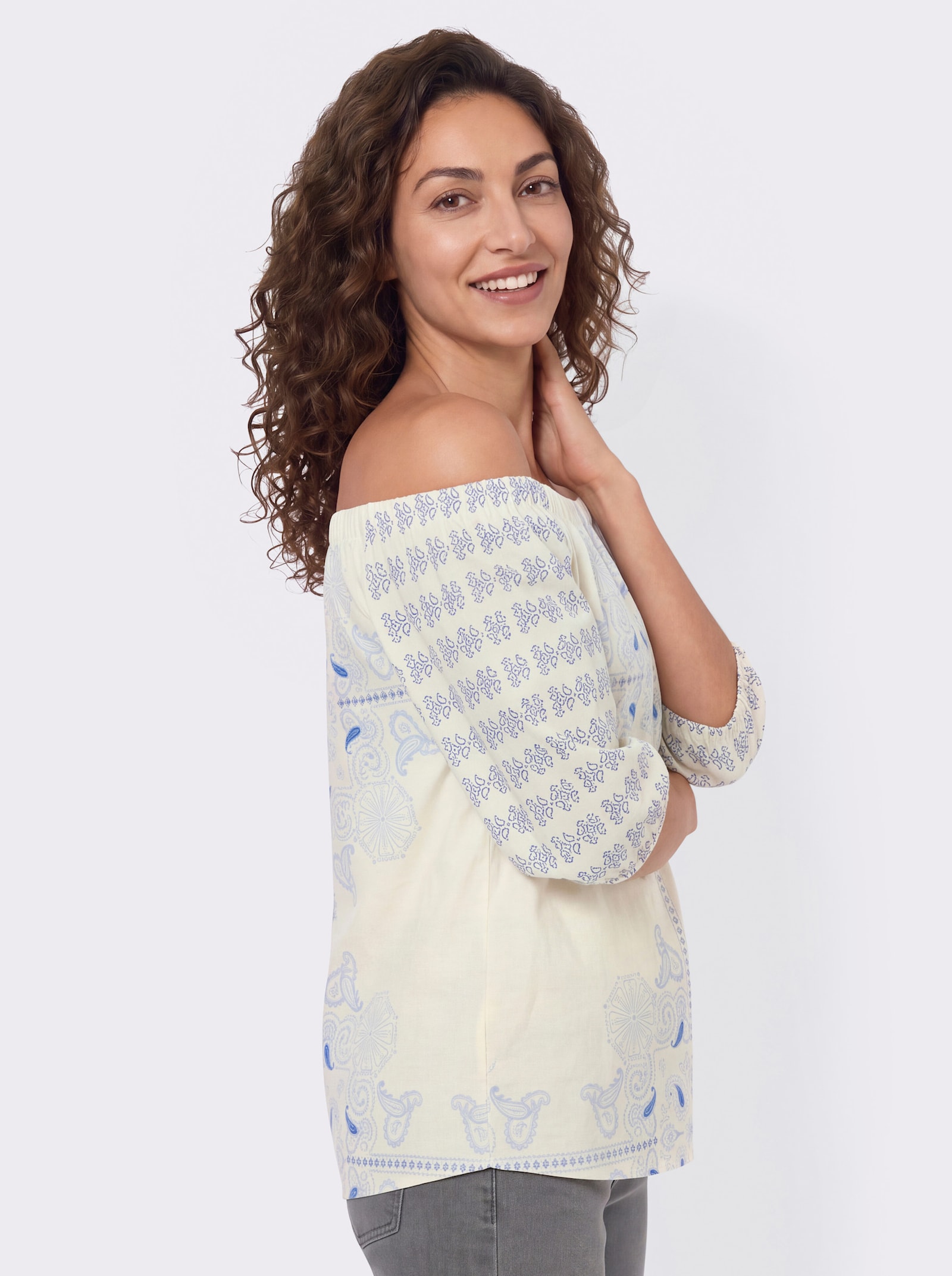 Print-Shirt mit Carmen-Ausschnitt - mittelblau-champagner-bedruckt