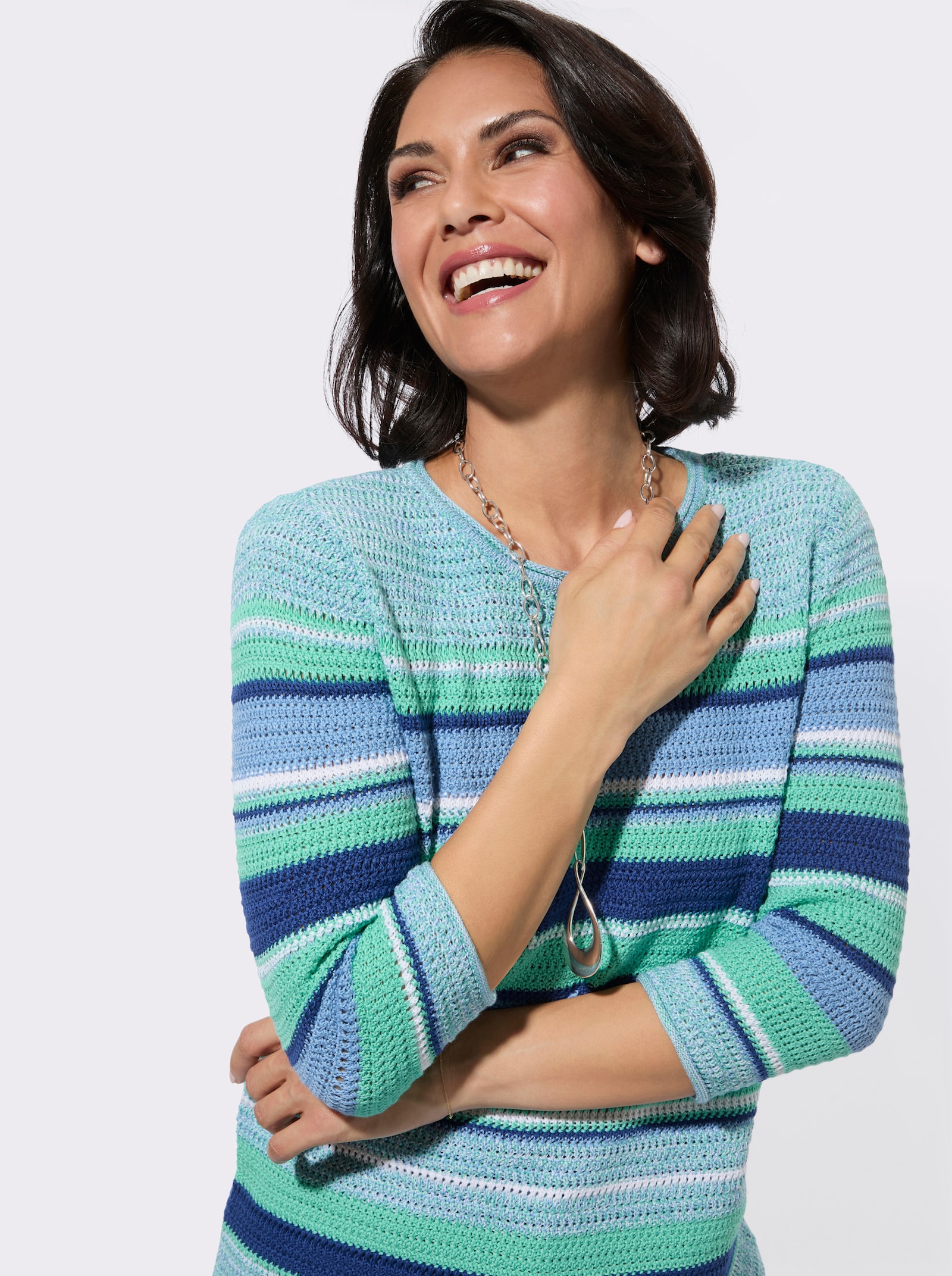 Rundhalspullover in Melange-Optik - blaugrün-weiß-gemustert