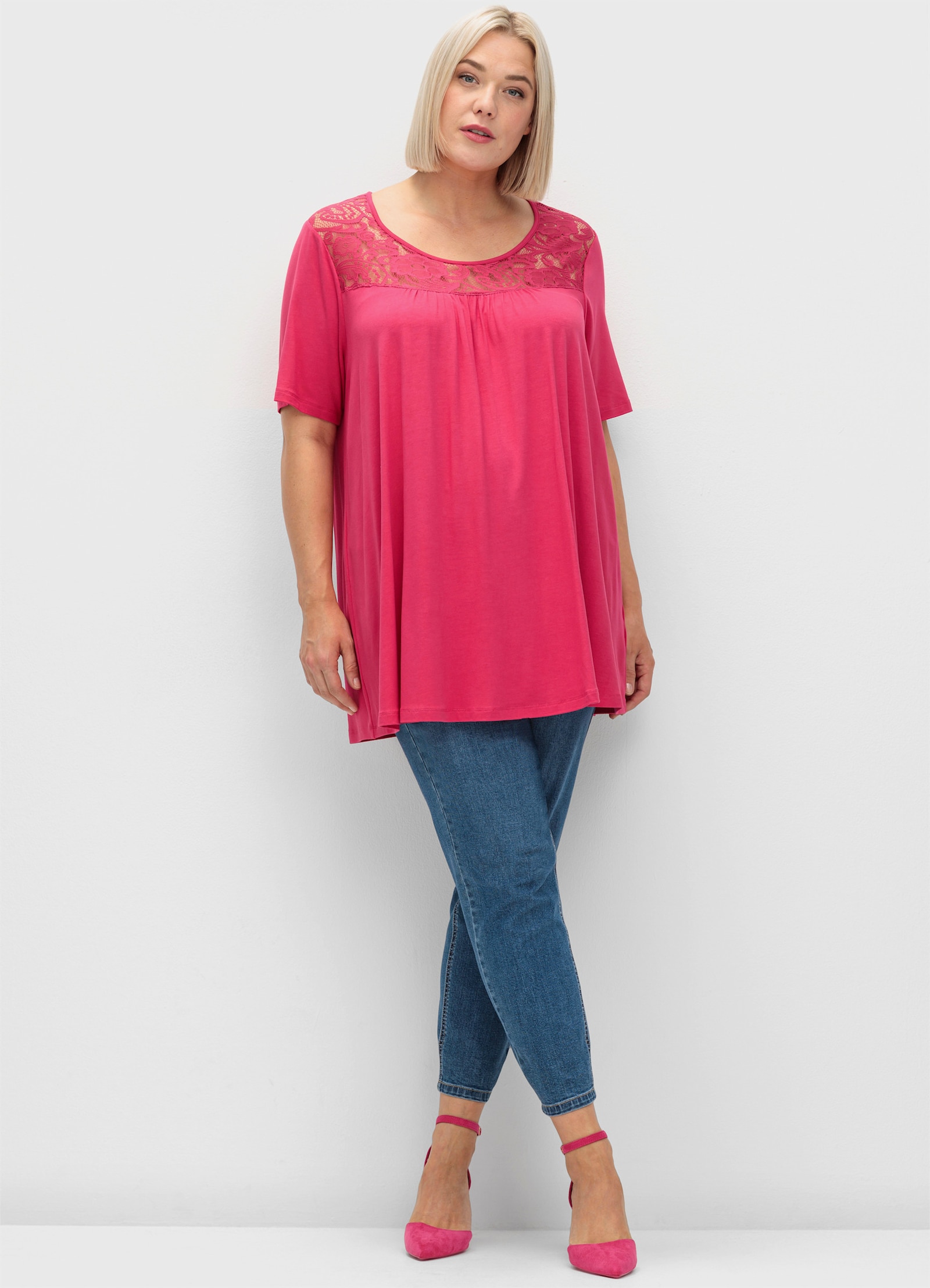 sheego Lang shirt met kanten pas - sorbet pink