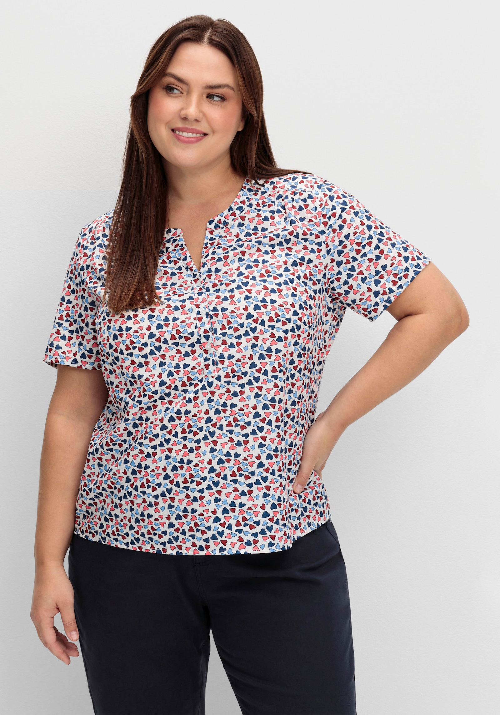 Kurzarmbluse in Crêpe-Qualität - ecru-bedruckt