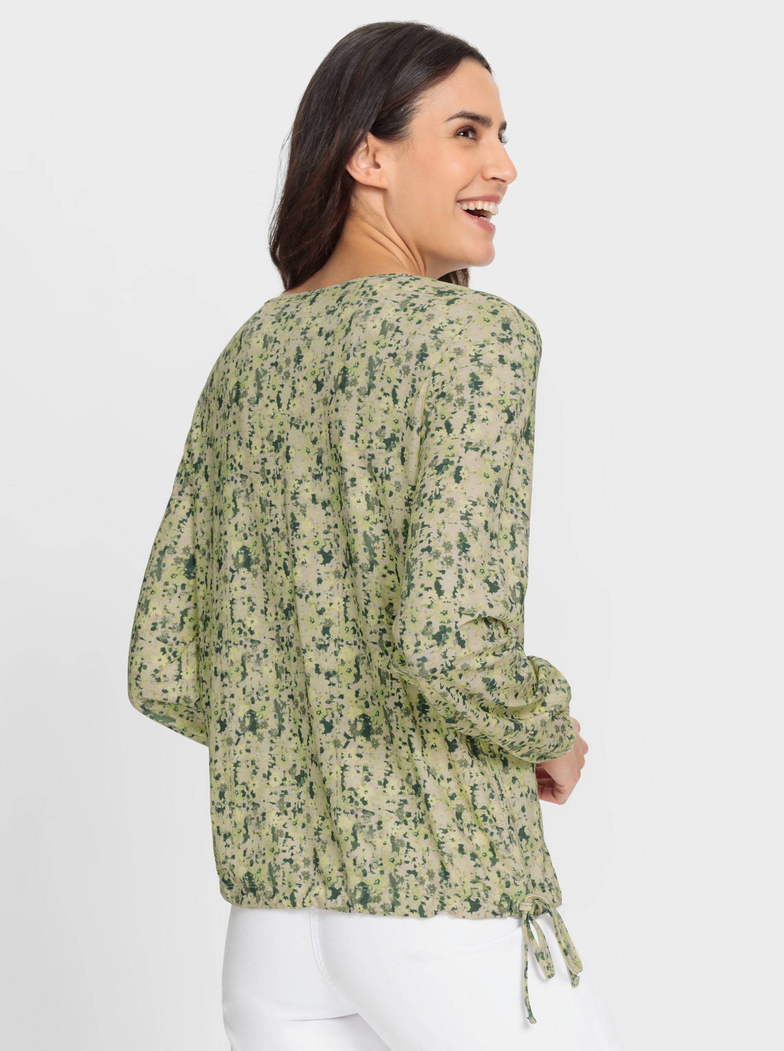 Print-Shirt mit seitlichem Bindeband - elfenbein-zitrone-bedruckt