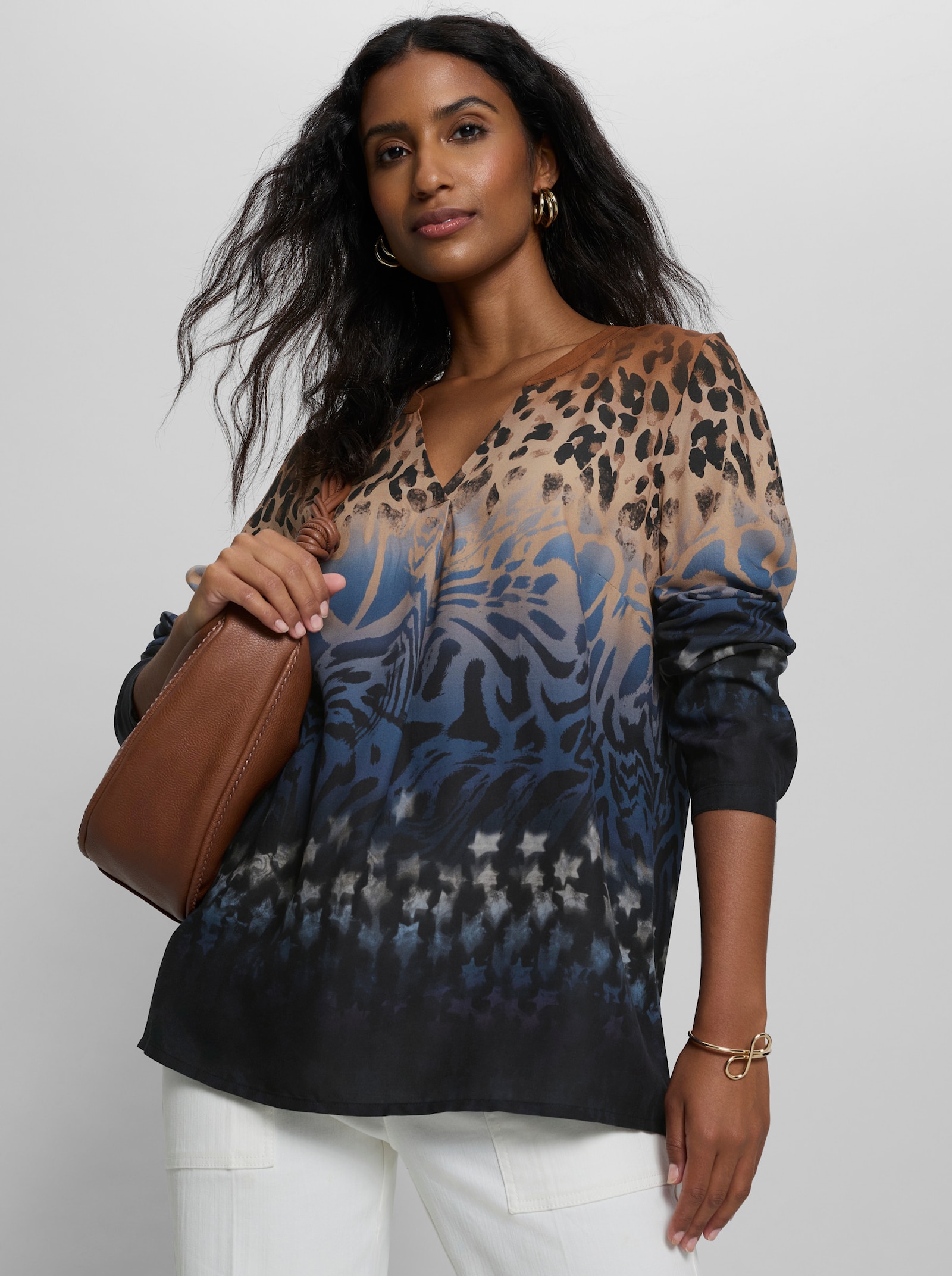 heine Druckbluse mit Animalprint - jeansblau-braun-bedruckt