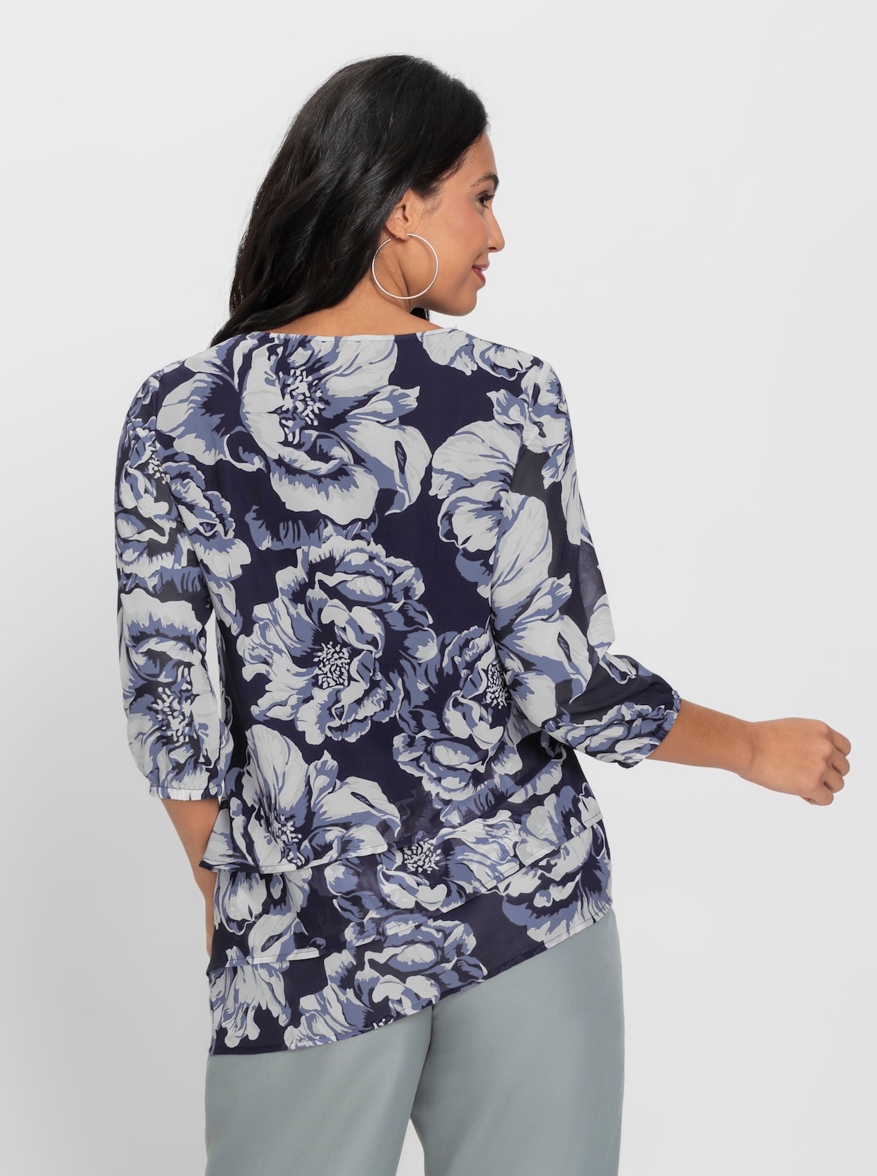 Georgetteblouse - marine/duivenblauw bedrukt