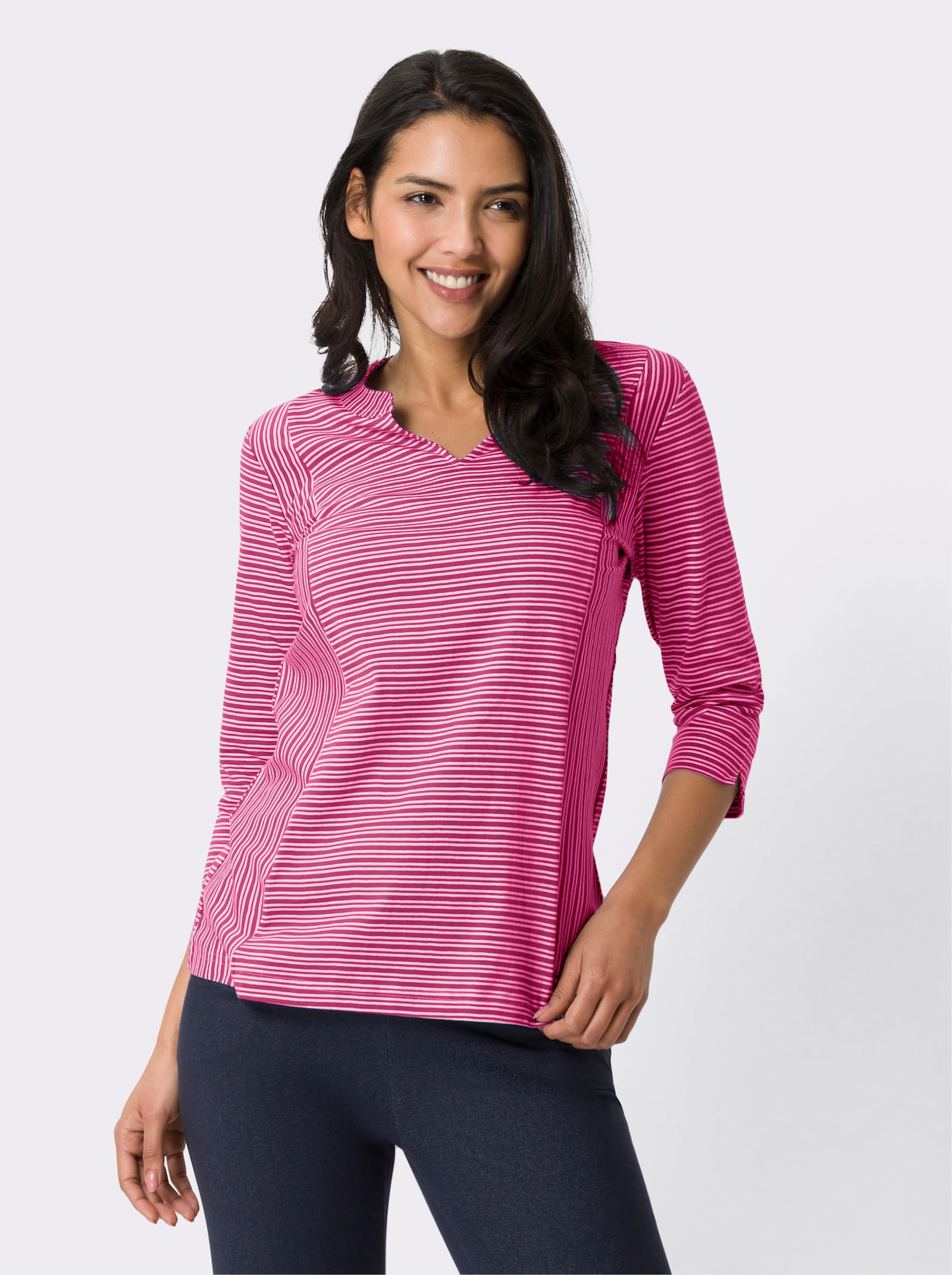 3/4-Arm-Shirt mit Ringel-Muster, garngefärbt - fuchsia-weiß-gestreift