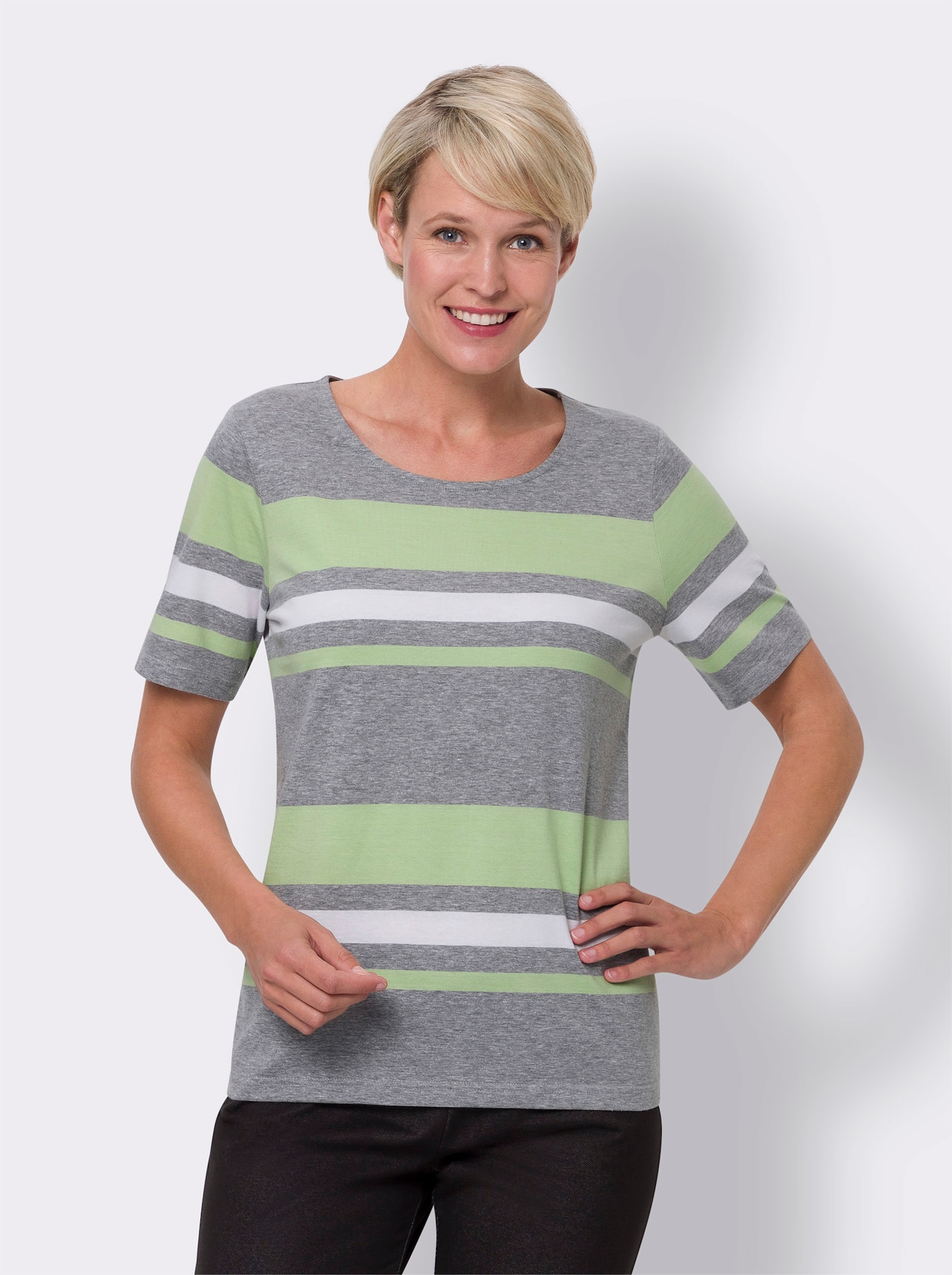 Tričko s krátkým rukávem a proužky z barvené příze - šedá-melír-rezedová-proužek