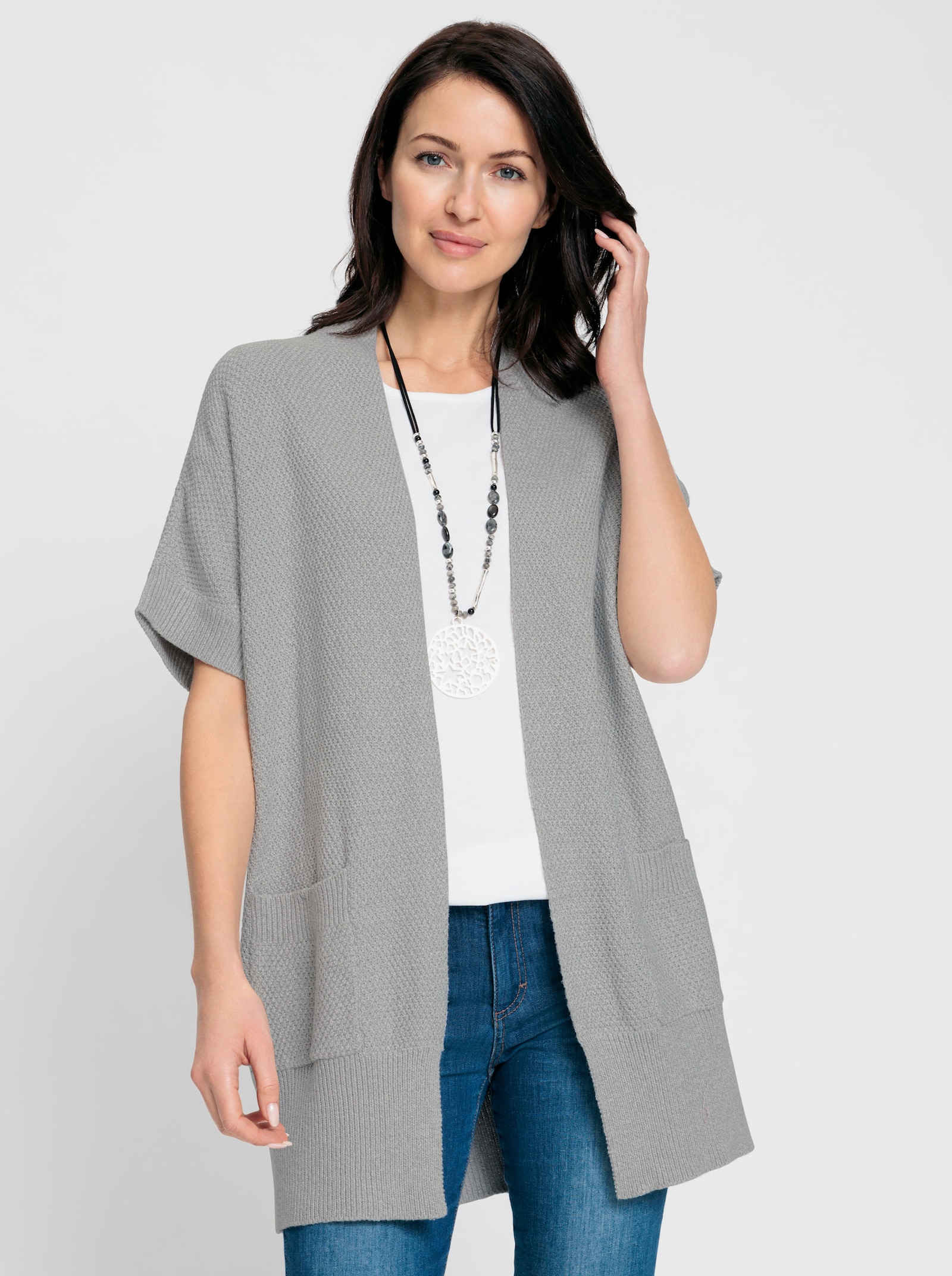 Longstrickjacke , verschlusslos - steingrau-meliert