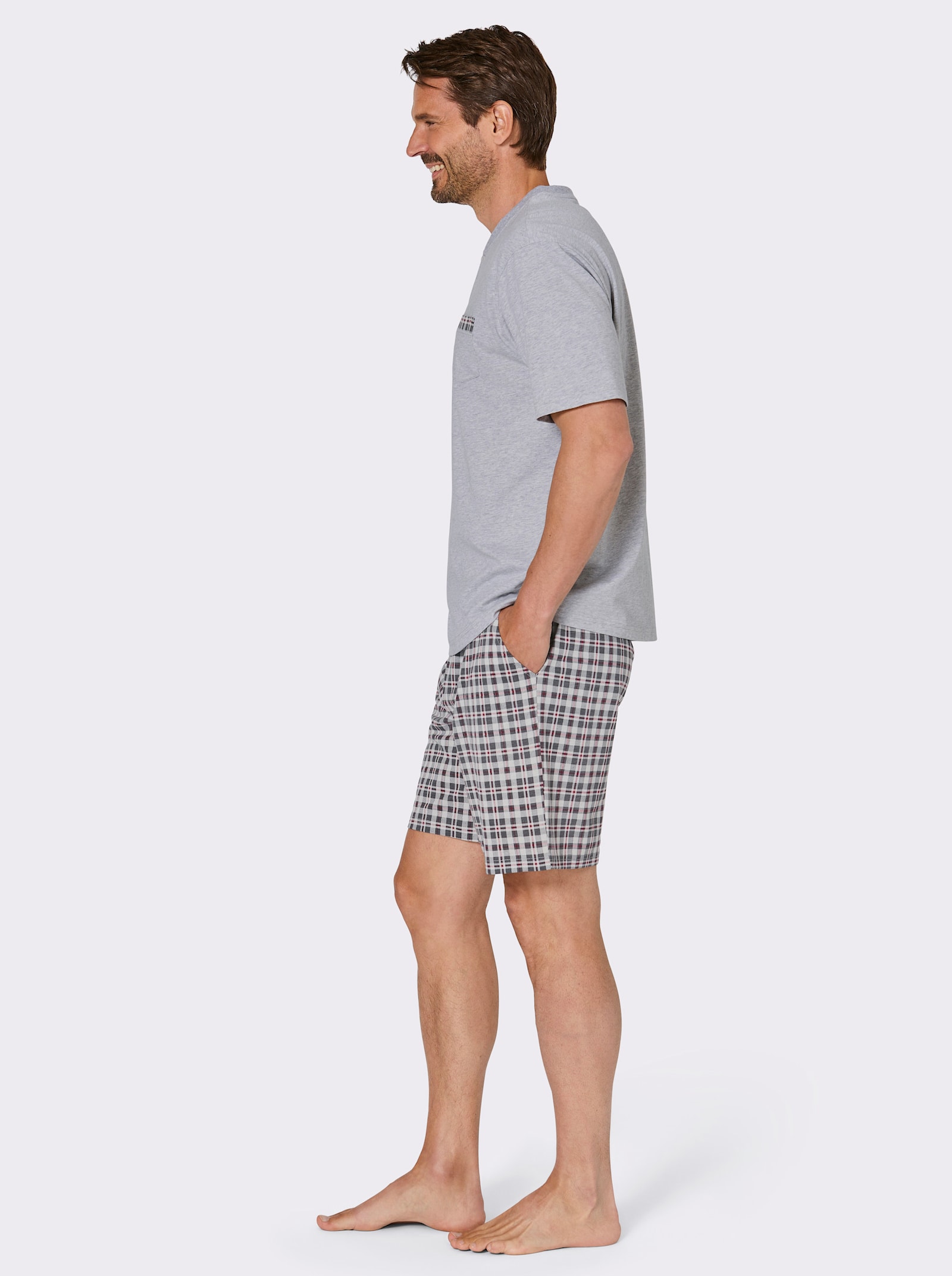 wäschepur men Shorty - hellgrau-kirsche-kariert