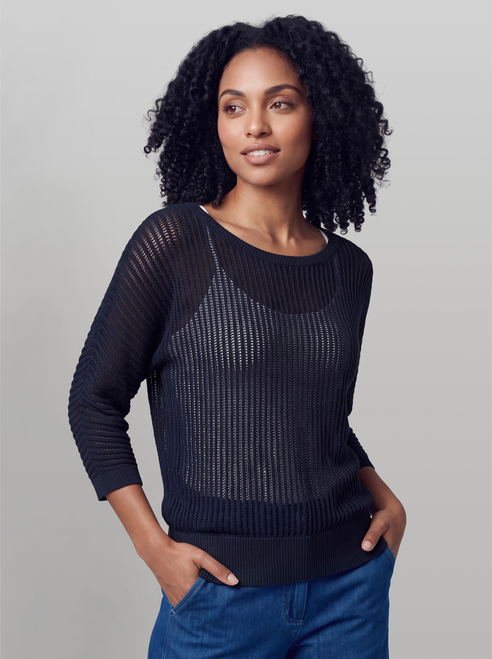 heine Ajourpullover mit weitem Ausschnitt - marine