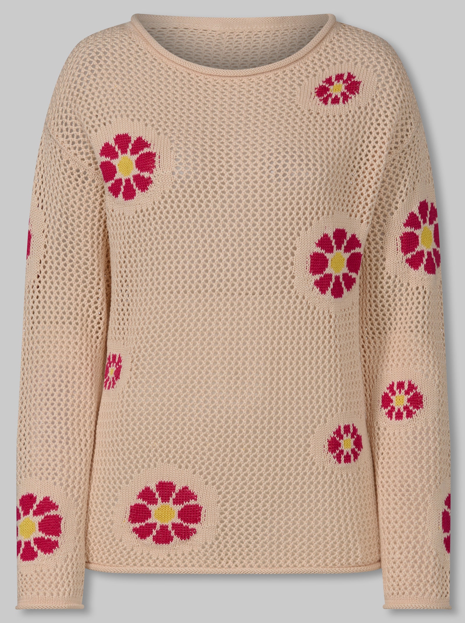 heine Ajourpullover mit Blüten-Jacquard - elfenbein-pink-gemustert