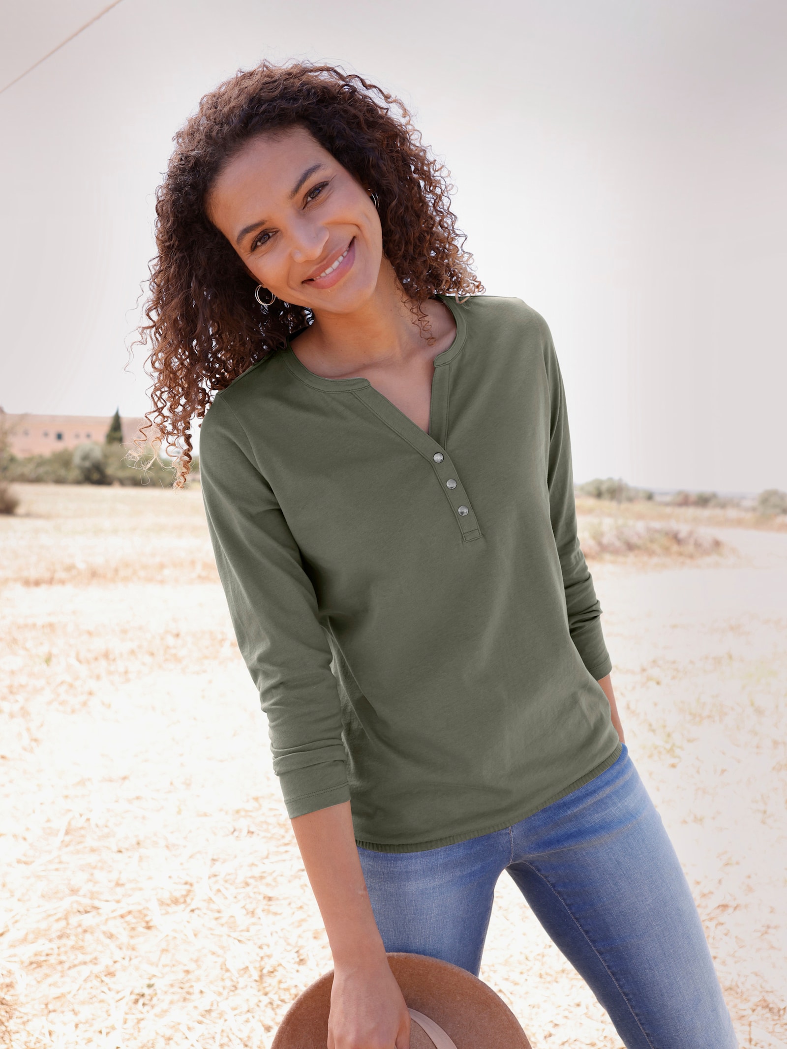 Langarmshirt mit elastischem Saum - khaki
