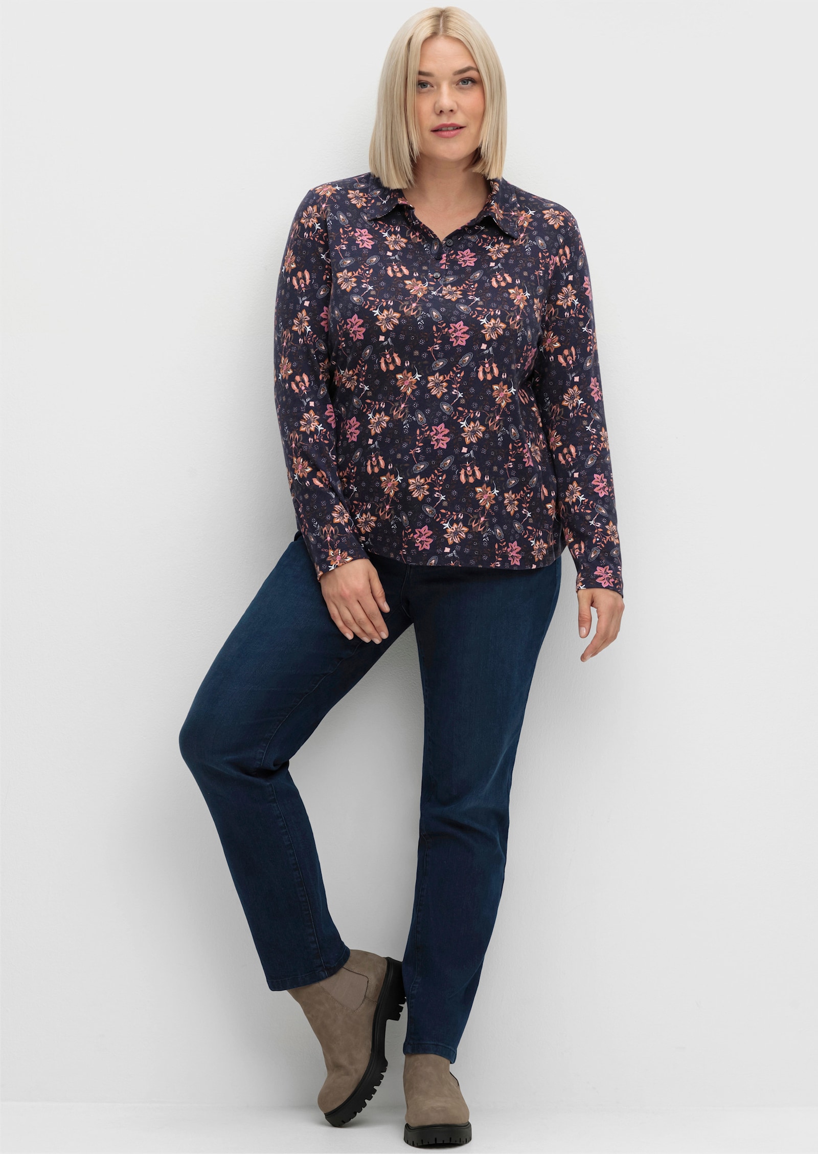 Print-Shirt mit Hemdkragen - marine-rosenquarz-bedruckt