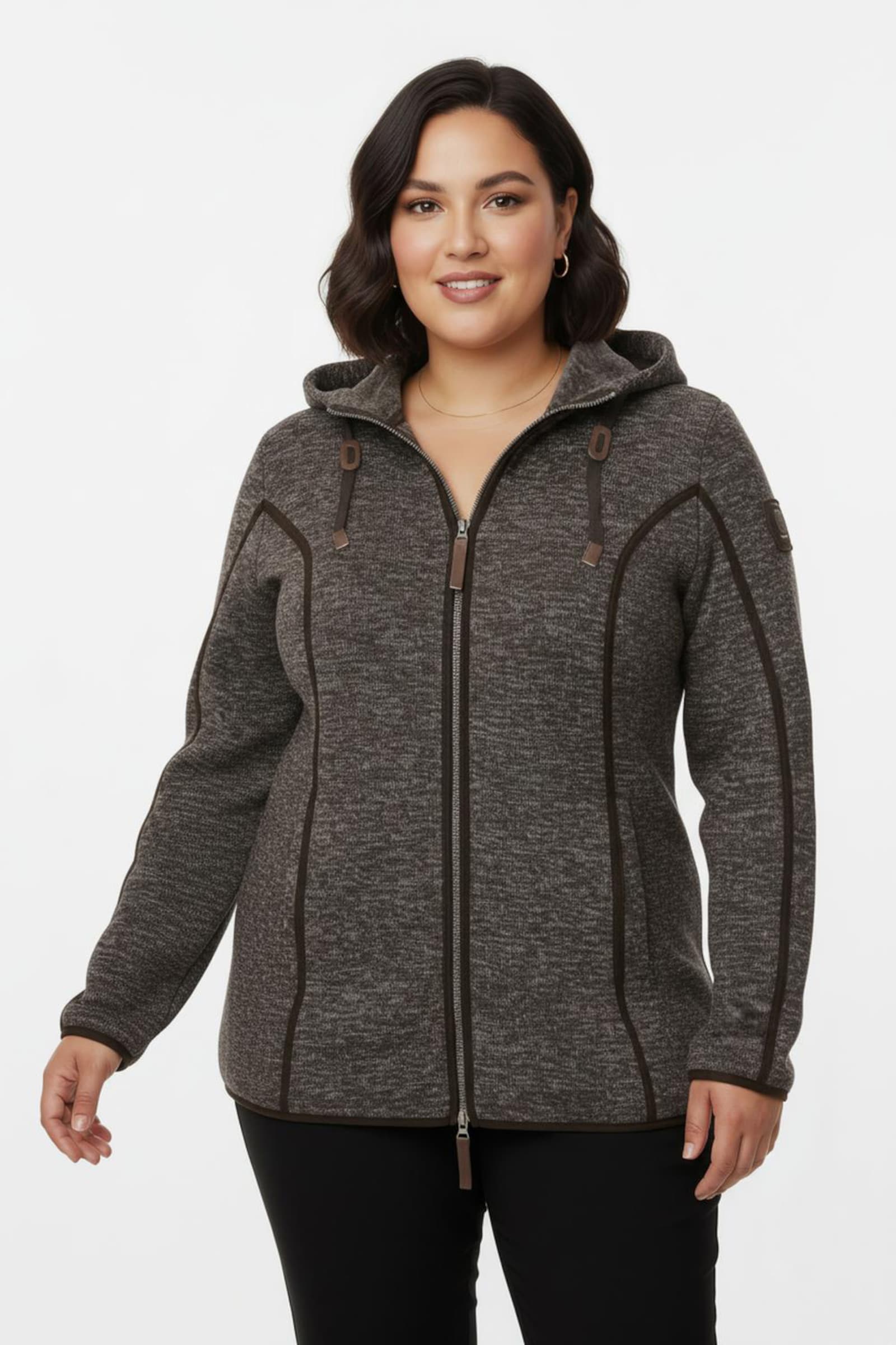 Kapuzenfleecejacke mit Umlegekragen - mokka-meliert