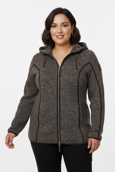 Kapuzenfleecejacke mit Umlegekragen - mokka-meliert