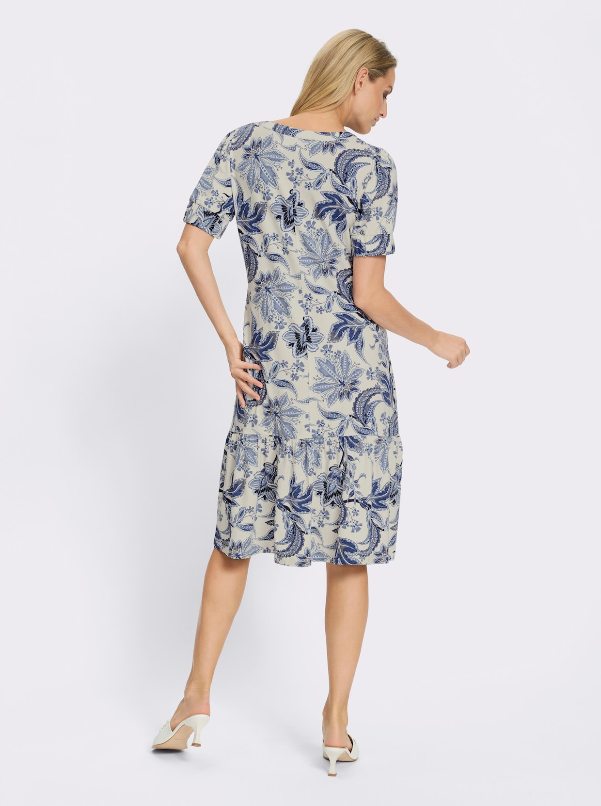 heine Druckkleid mit Puffärmeln - champagner-marine-bedruckt