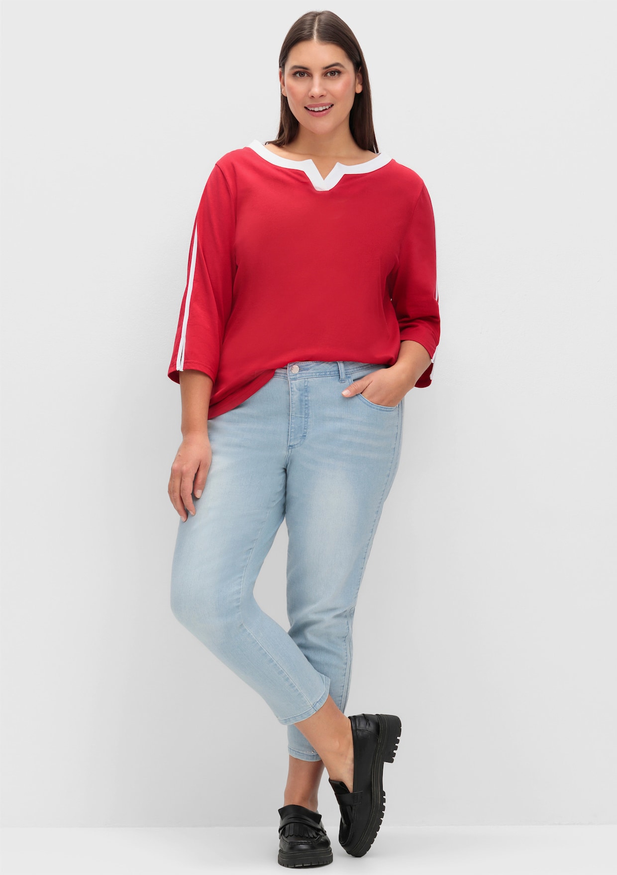 3/4-Arm-Shirt mit kontrastfarbenen Details - rot-weiß