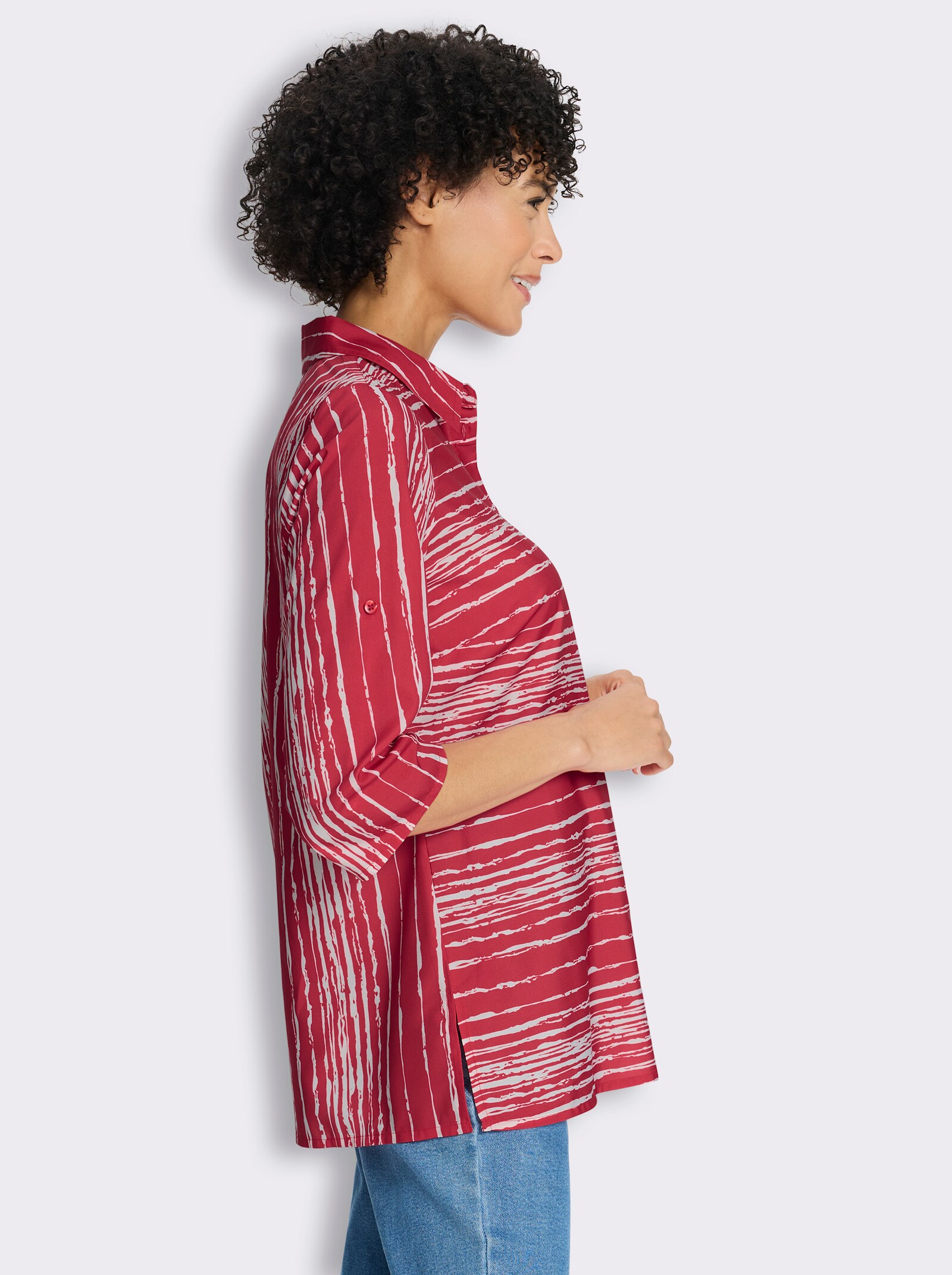 Longbluse mit Seitenschlitzen - erdbeere-ecru-bedruckt