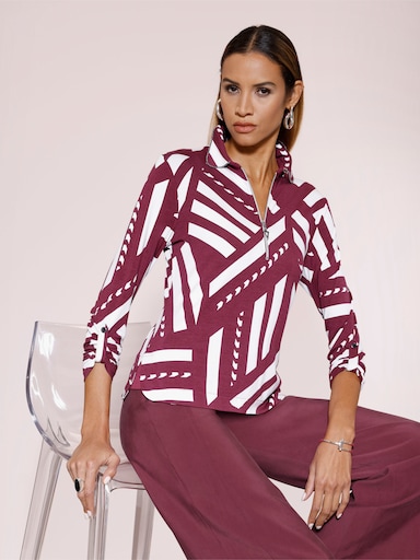 Poloshirt mit Krempel-Ärmel - bordeaux-weiß-bedruckt