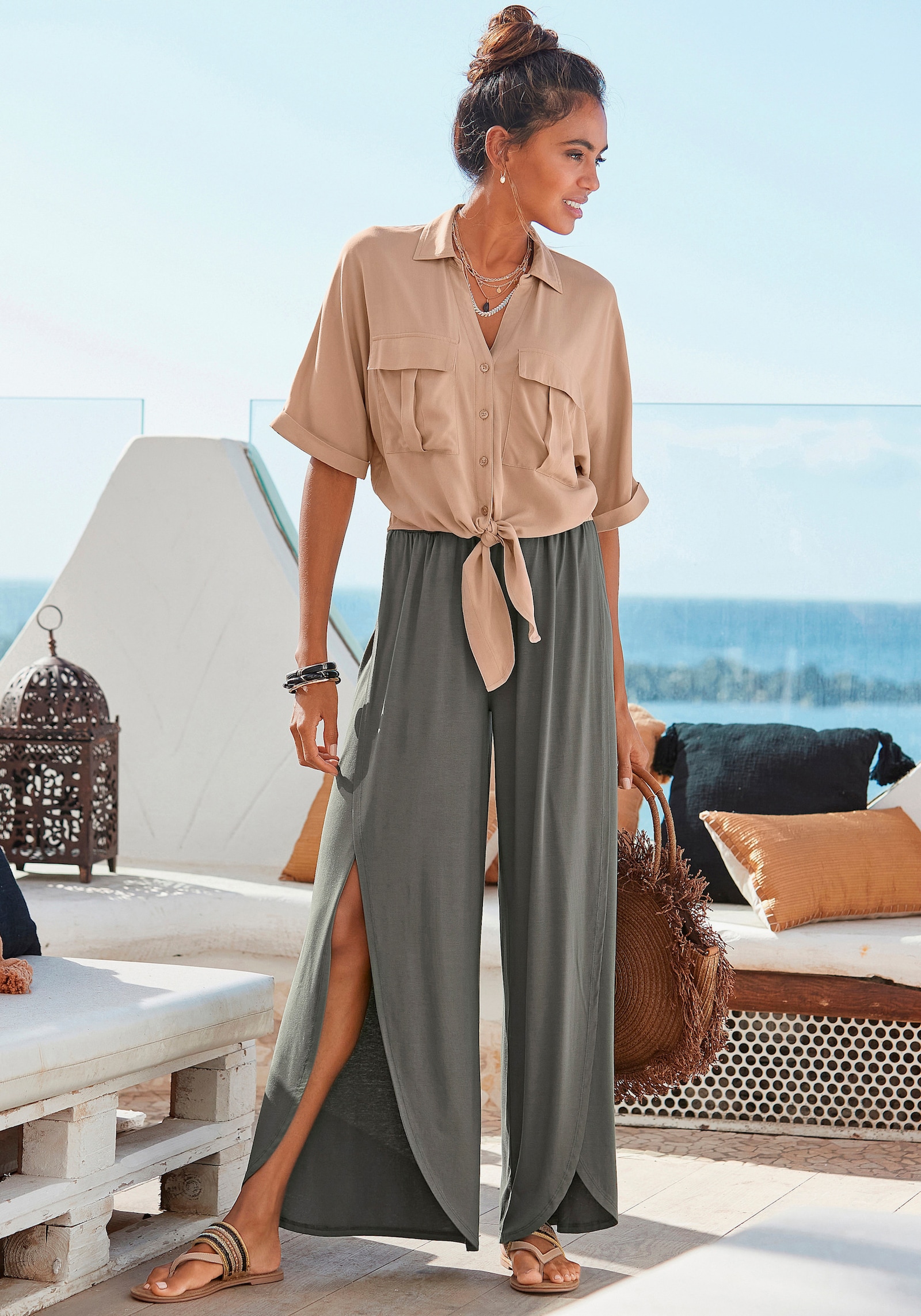 LASCANA Kurzarmbluse - camelfarben