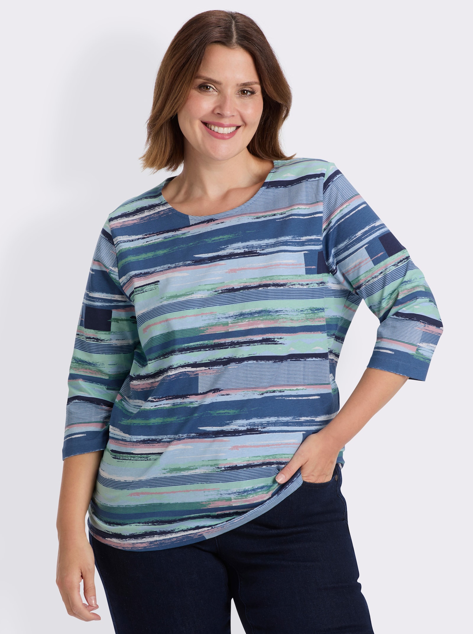 3/4-Arm-Shirt im Streifendessin - jeansblau-kalkmint-bedruckt