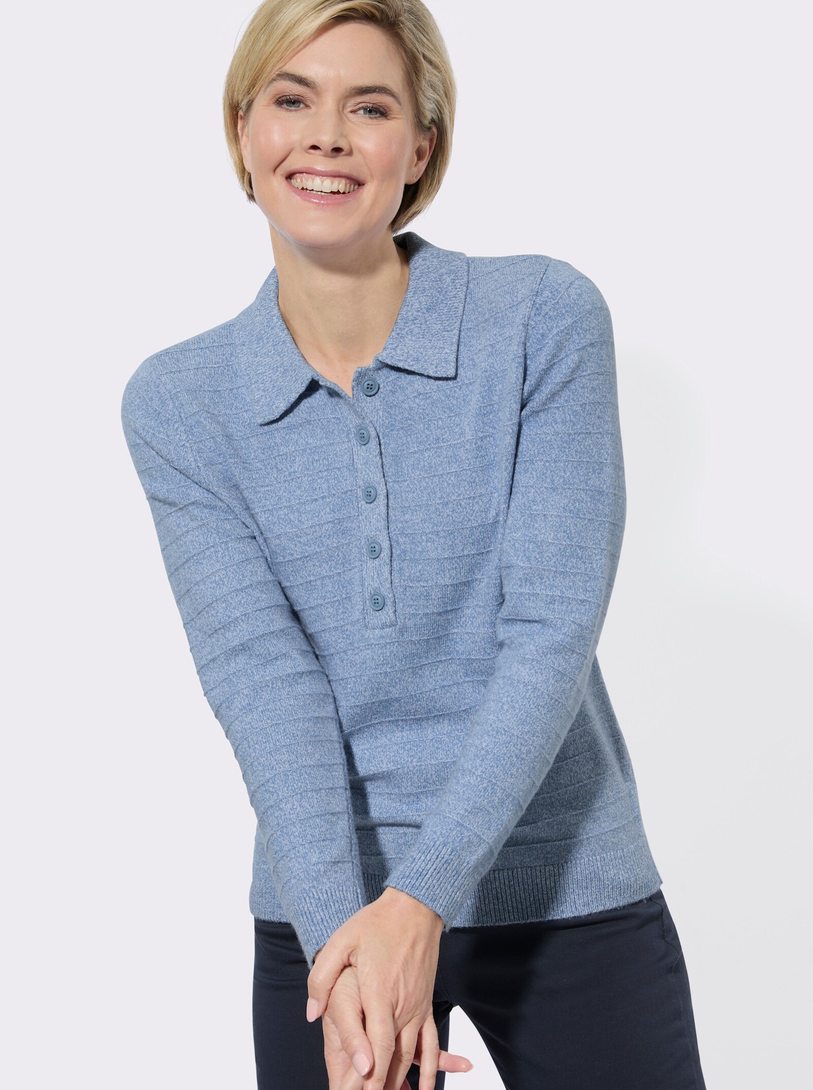Polopullover in melierter Optik - mittelblau-ecru-meliert