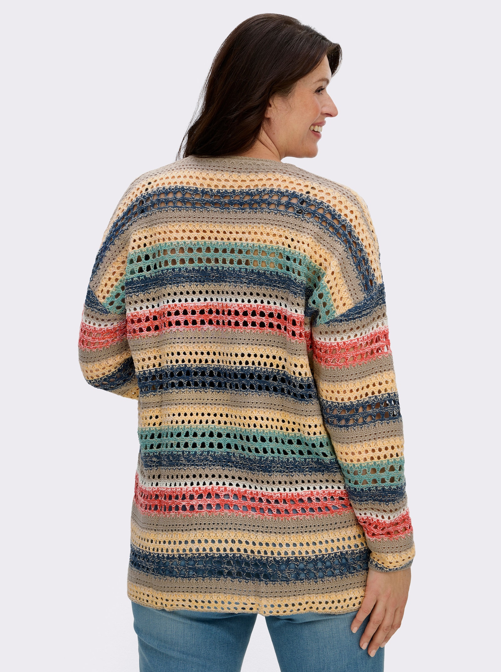 Ajourstrickjacke in Streifen-Optik - sesam-apricot-gemustert