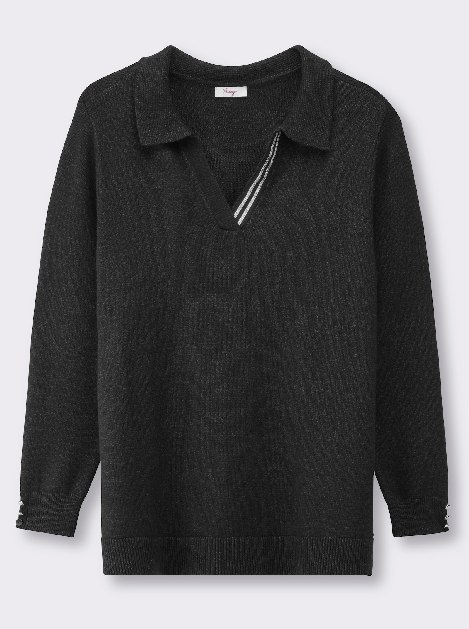 sheego Polopullover mit Seitenschlitzen - schwarz-anthrazit-meliert